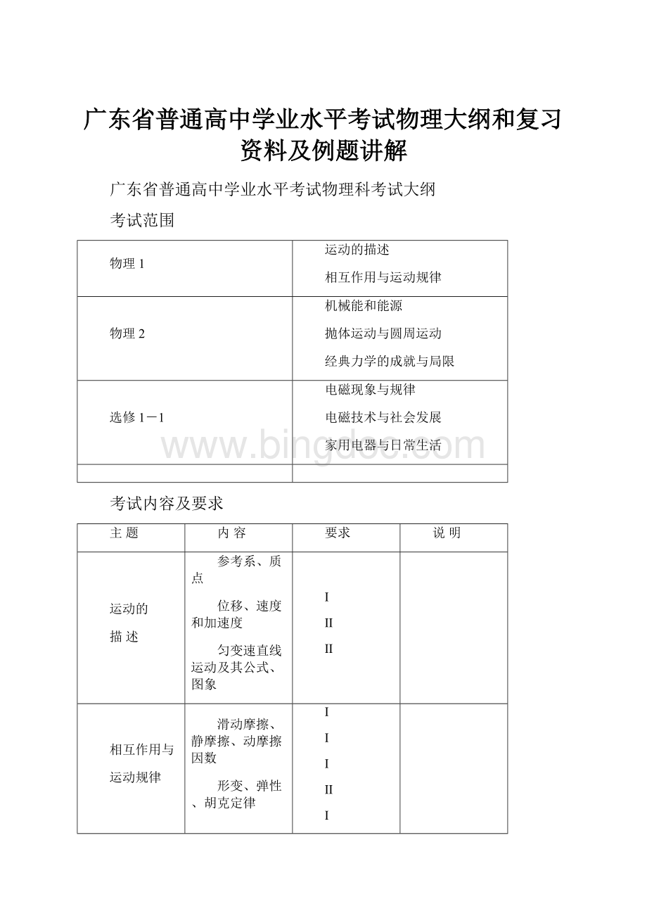 广东省普通高中学业水平考试物理大纲和复习资料及例题讲解文档格式.docx