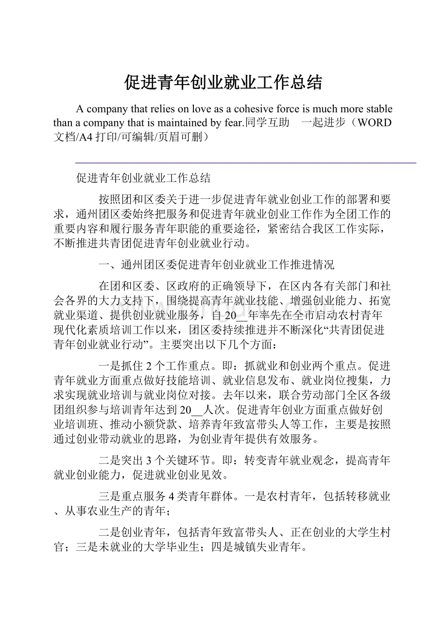 促进青年创业就业工作总结文档格式.docx_第1页