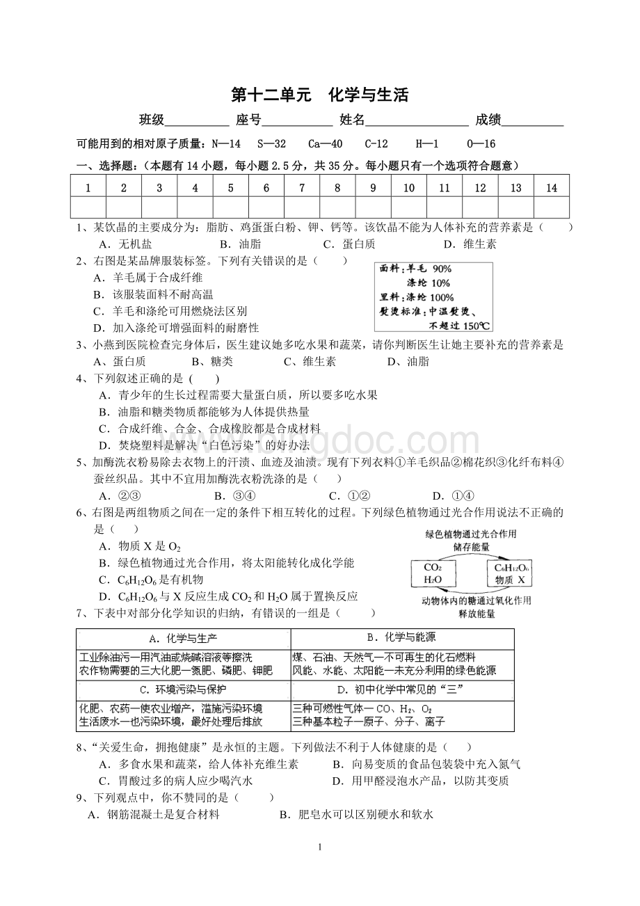 化学与生活(十二单元测试)2.doc_第1页