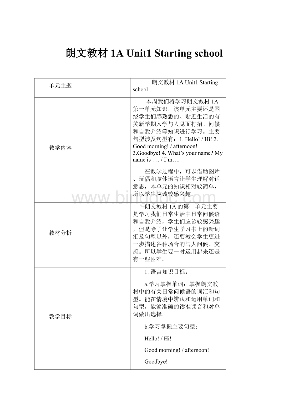 朗文教材1A Unit1 Starting schoolWord文件下载.docx