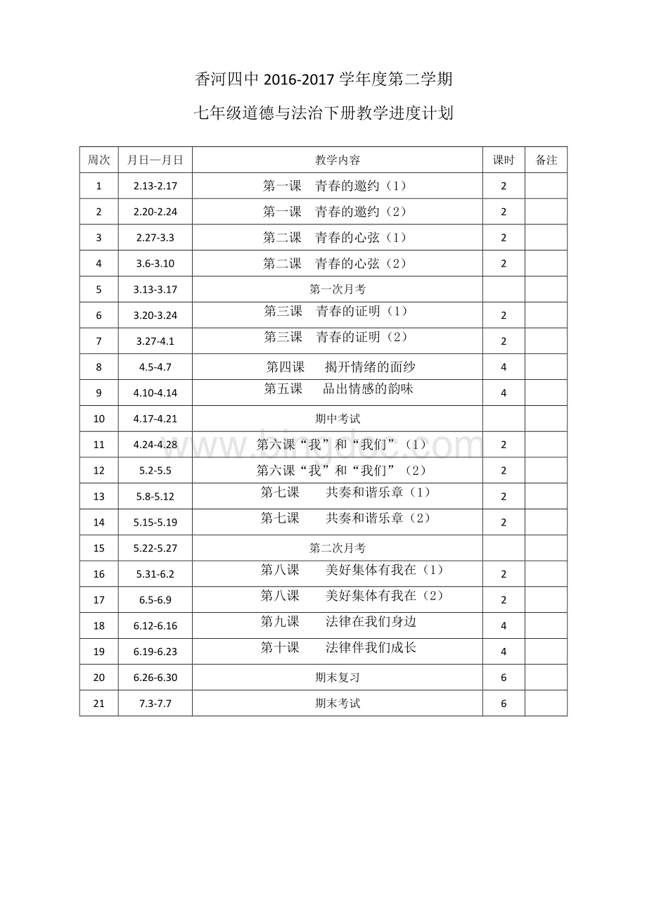 七年级道德与法治下册教学进度计划.doc