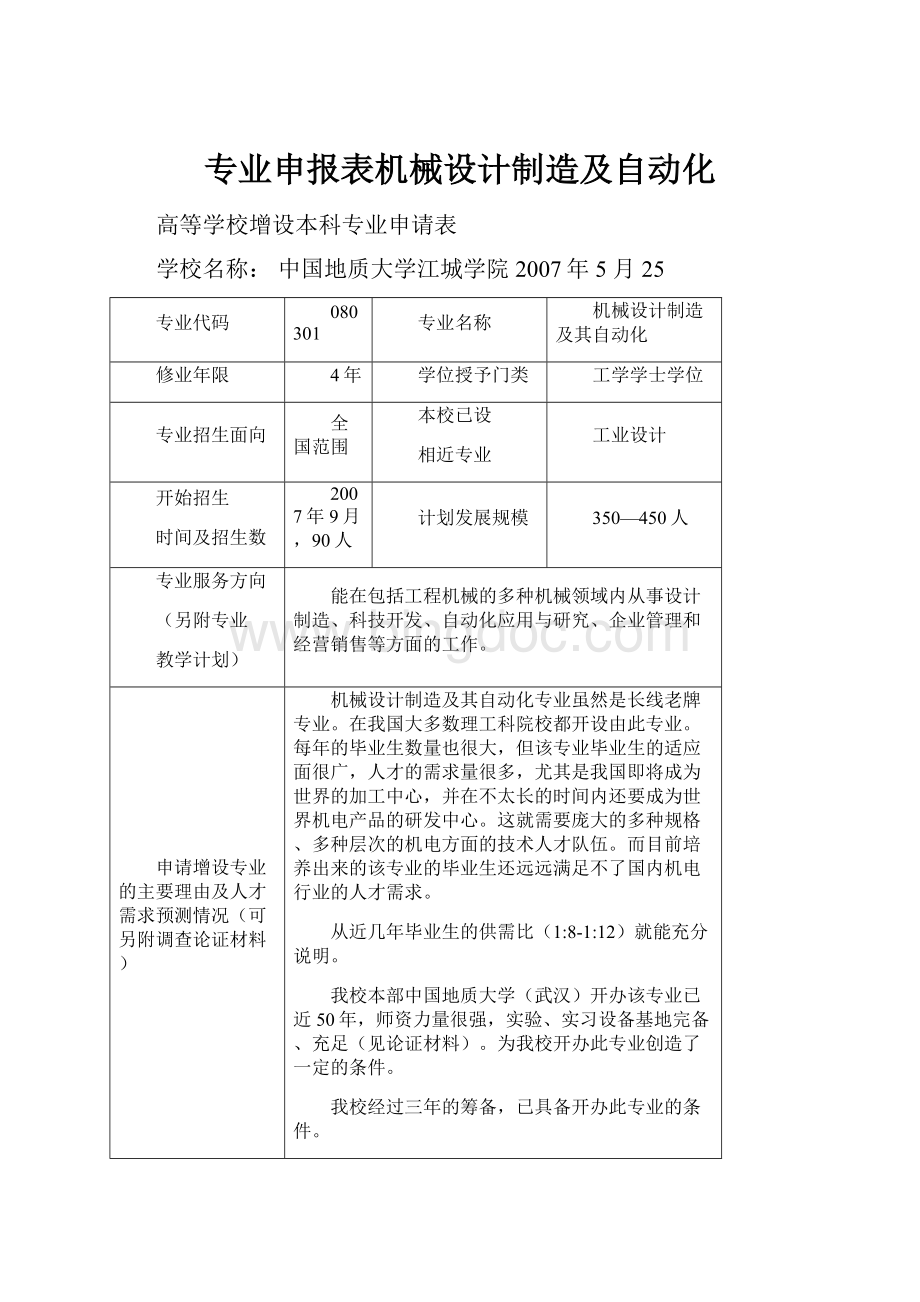 专业申报表机械设计制造及自动化.docx