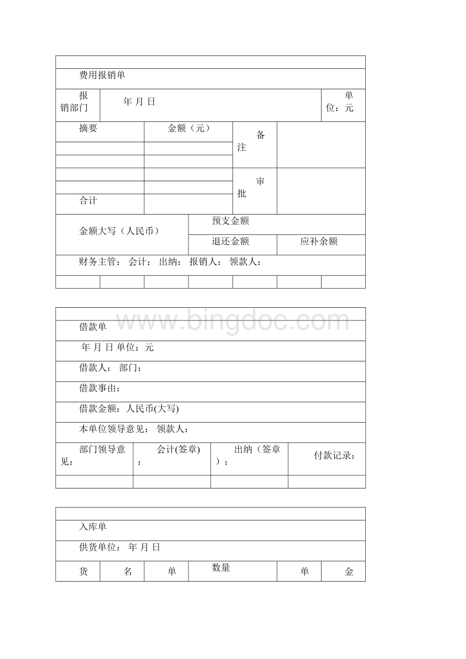 会计实操做账所需原始单据凭证包括付款单费用单借款单入库单出库单领料单产品成本计算表Word格式文档下载.docx_第2页