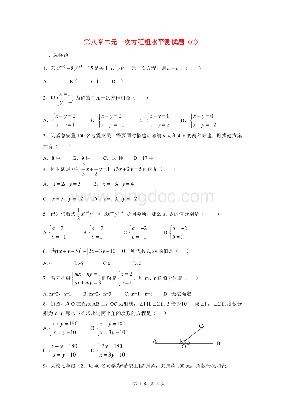 七年级数学下第八章二元一次方程组水平测试题(C)新人教版.doc