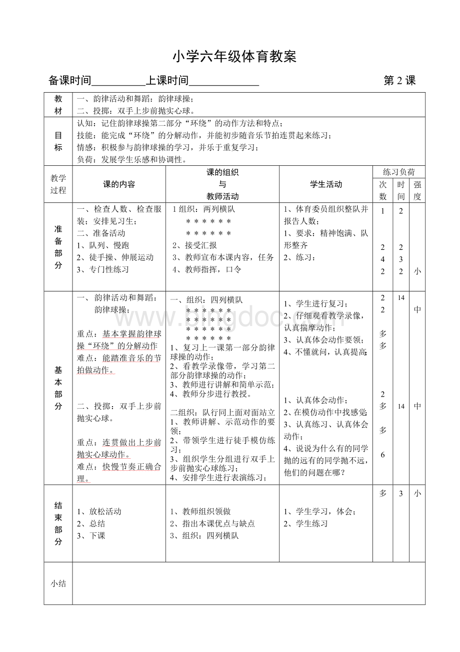 小学六年级体育课教案.doc_第3页