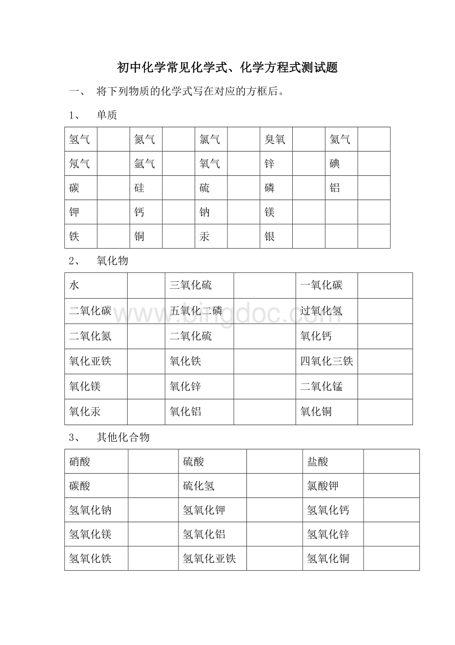 初中化学常见化学式与化学方程式测试题.doc_第1页