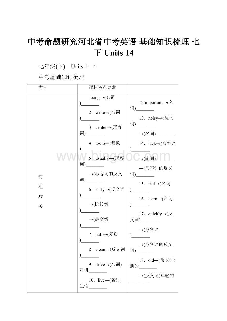 中考命题研究河北省中考英语 基础知识梳理 七下 Units 14.docx_第1页