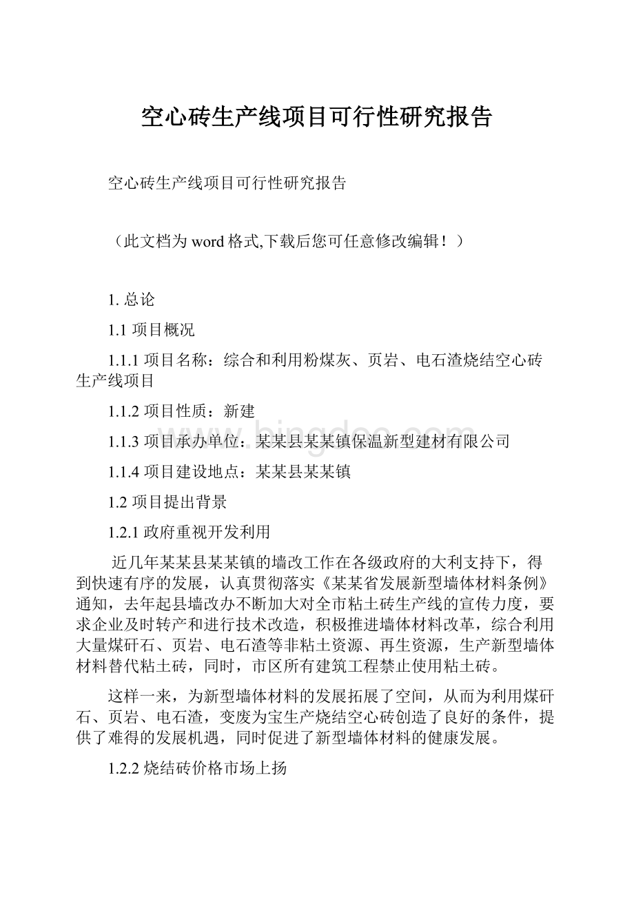 空心砖生产线项目可行性研究报告Word格式文档下载.docx