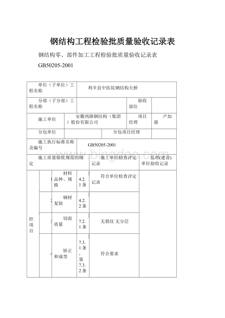 钢结构工程检验批质量验收记录表文档格式.docx_第1页