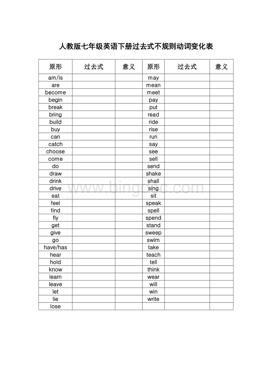 人教版七年级英语下册过去式不规则动词变化表测试Word下载.doc_第1页