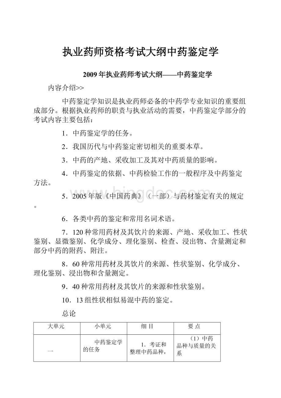 执业药师资格考试大纲中药鉴定学文档格式.docx_第1页