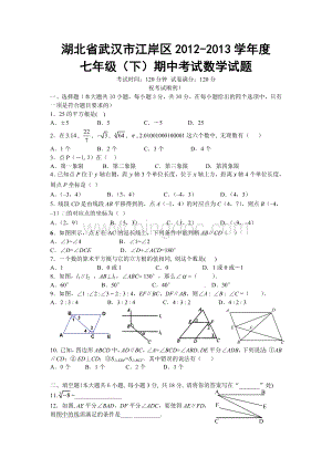 武汉市江岸区2012-2013年七年级下期中考试数学试题及答案.doc