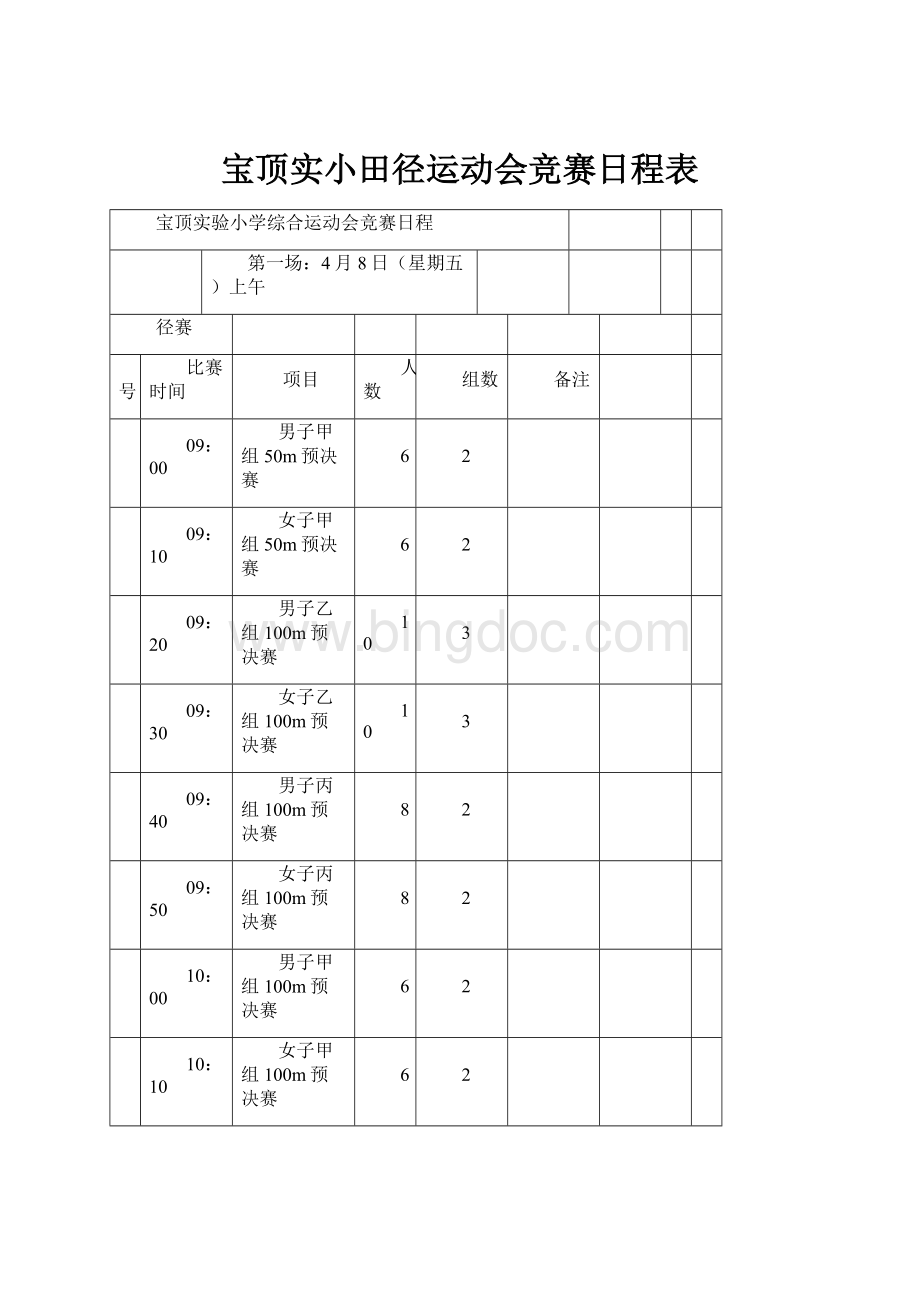 宝顶实小田径运动会竞赛日程表Word文档下载推荐.docx_第1页