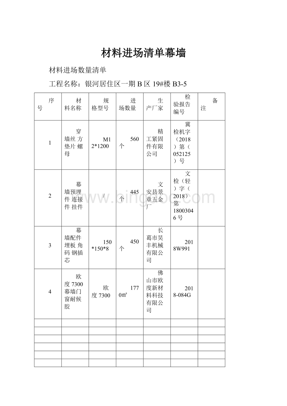 材料进场清单幕墙Word格式.docx