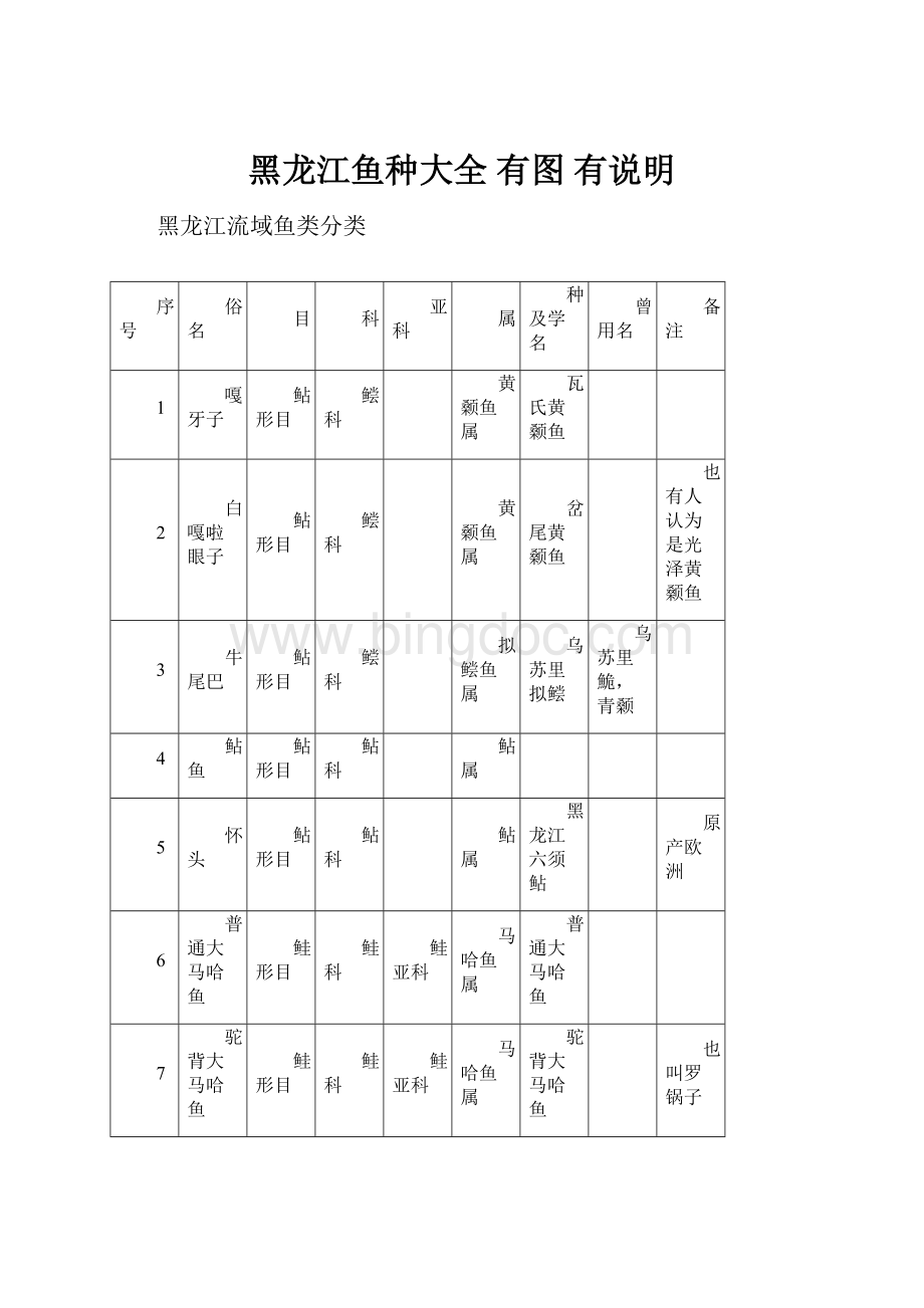 黑龙江鱼种大全 有图 有说明Word文档下载推荐.docx_第1页