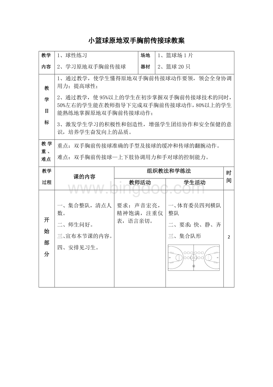 小篮球原地双手胸前传接球教案Word格式文档下载.docx