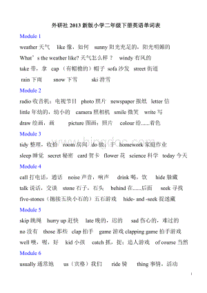 外研社2013新版小学二年级下册英语单词表.doc