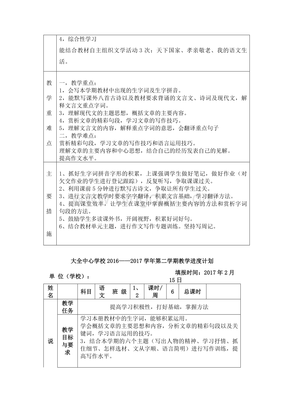 人教版七年级语文下册教学计划进度表格Word文档格式.doc_第2页