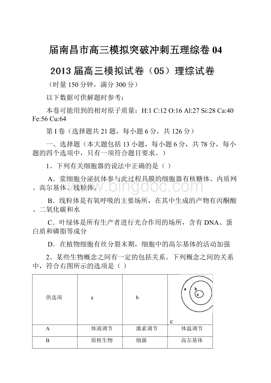 届南昌市高三模拟突破冲刺五理综卷04Word文档下载推荐.docx