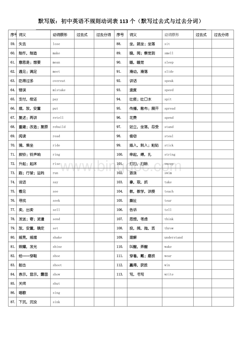 默写版：初中英语不规则动词表113个(默写过去式和过去分词)Word文件下载.doc_第2页