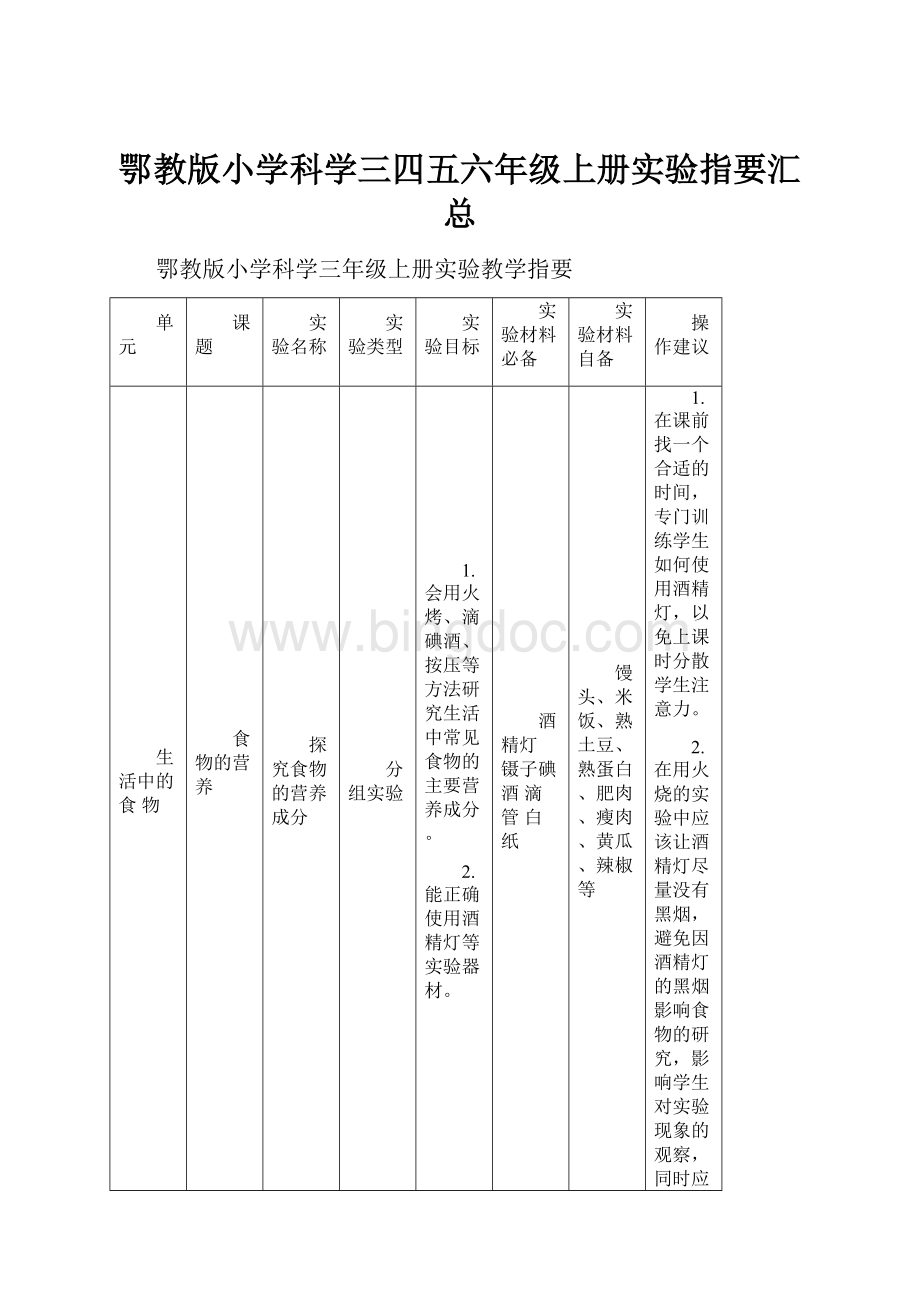 鄂教版小学科学三四五六年级上册实验指要汇总.docx