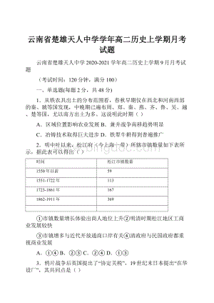 云南省楚雄天人中学学年高二历史上学期月考试题.docx