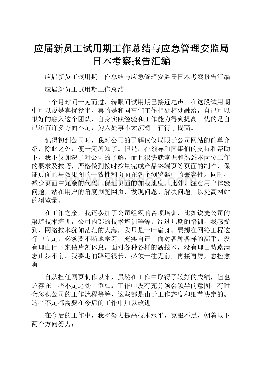 应届新员工试用期工作总结与应急管理安监局日本考察报告汇编.docx