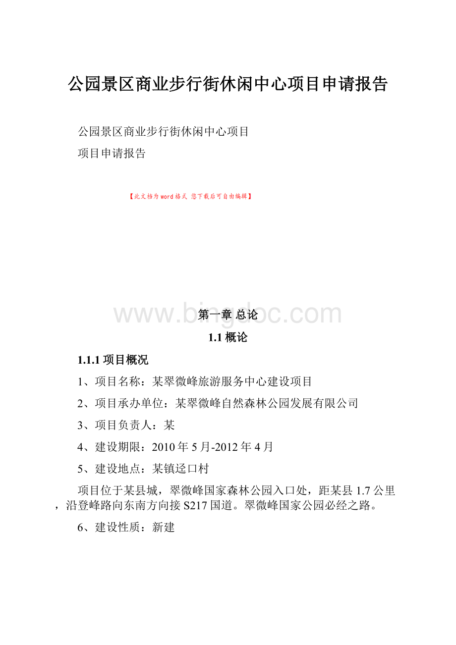 公园景区商业步行街休闲中心项目申请报告.docx