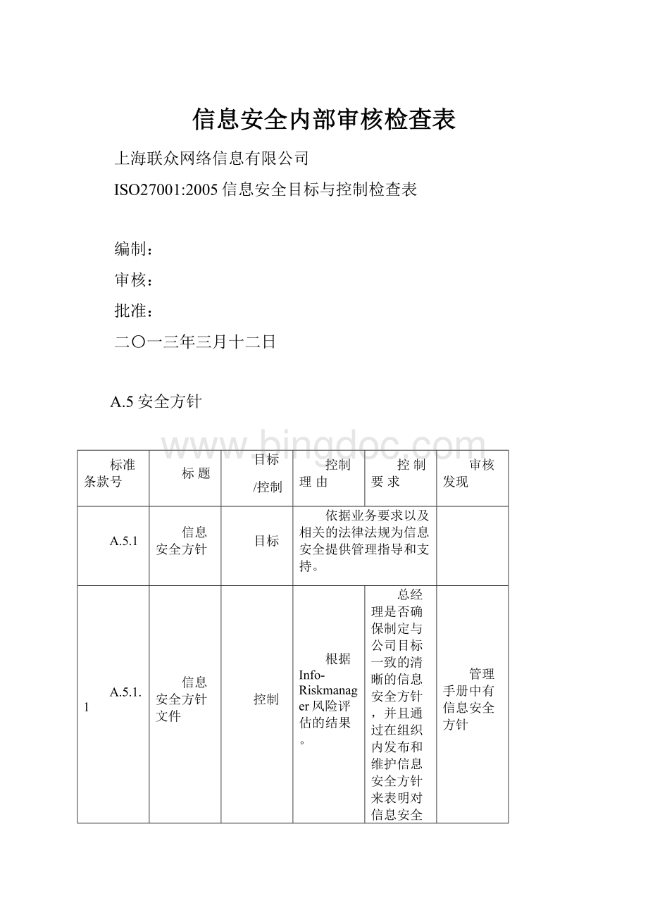 信息安全内部审核检查表Word文档格式.docx