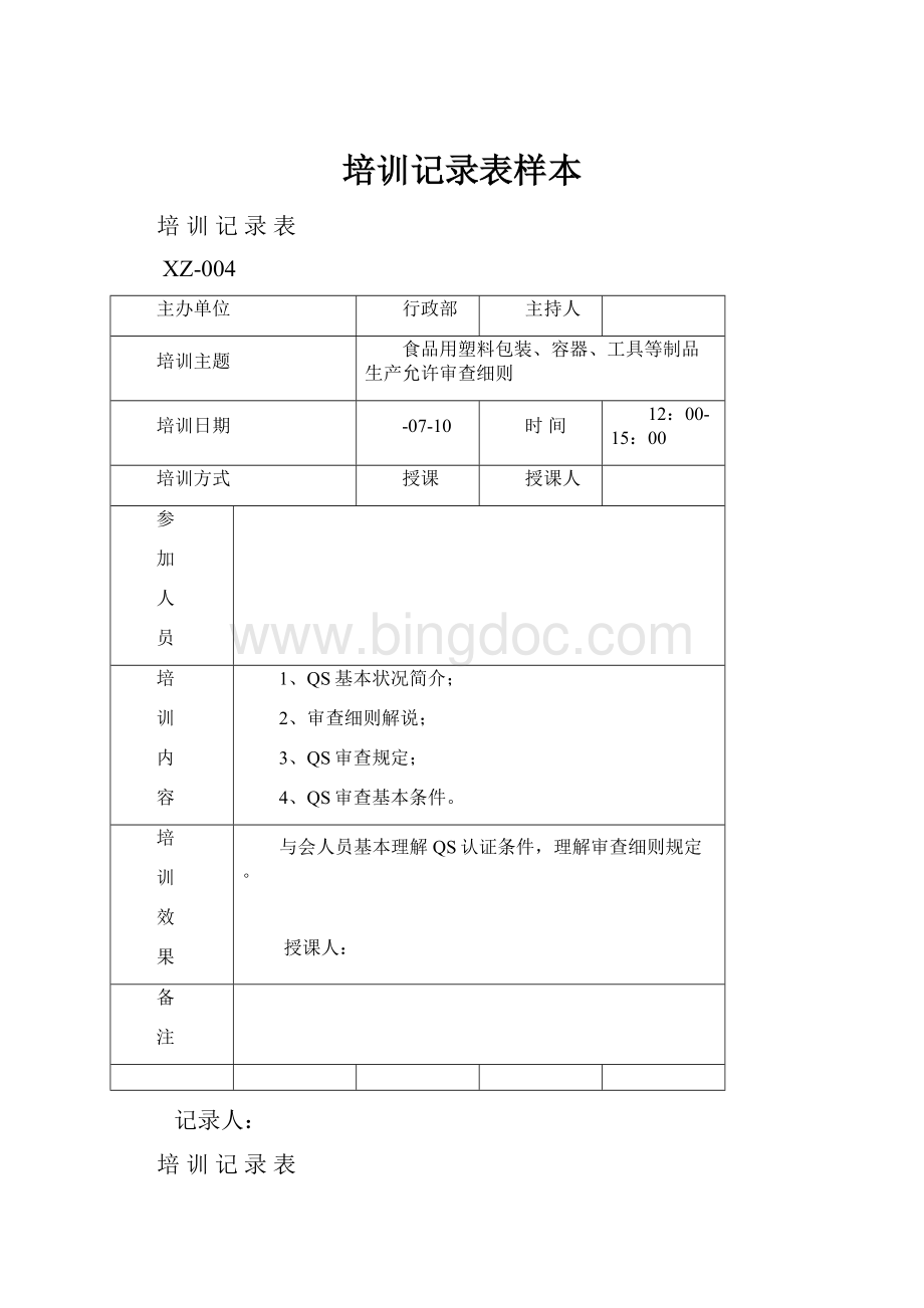 培训记录表样本文档格式.docx_第1页