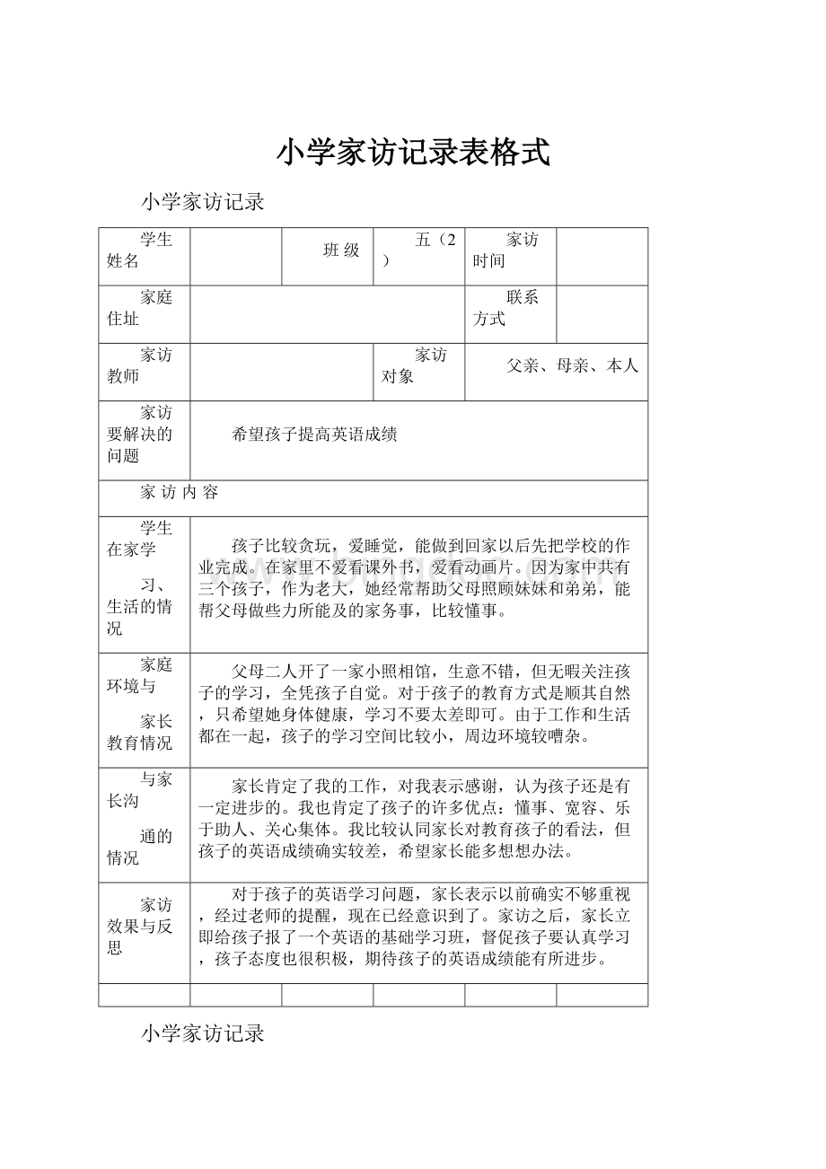 小学家访记录表格式Word文档格式.docx_第1页