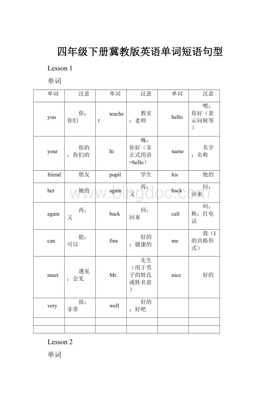 四年级下册冀教版英语单词短语句型Word下载.docx_第1页