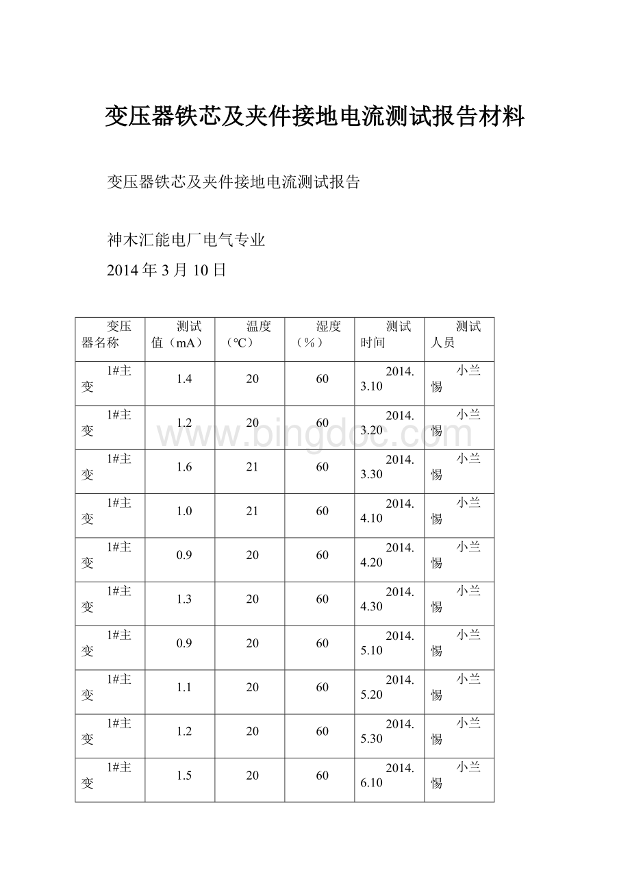 变压器铁芯及夹件接地电流测试报告材料Word文档格式.docx