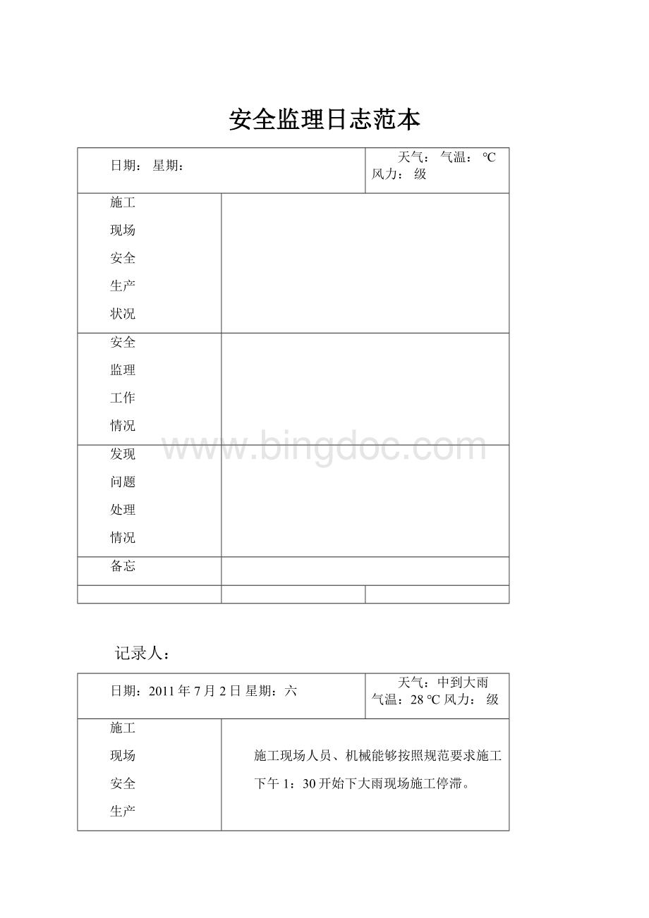 安全监理日志范本Word格式.docx_第1页