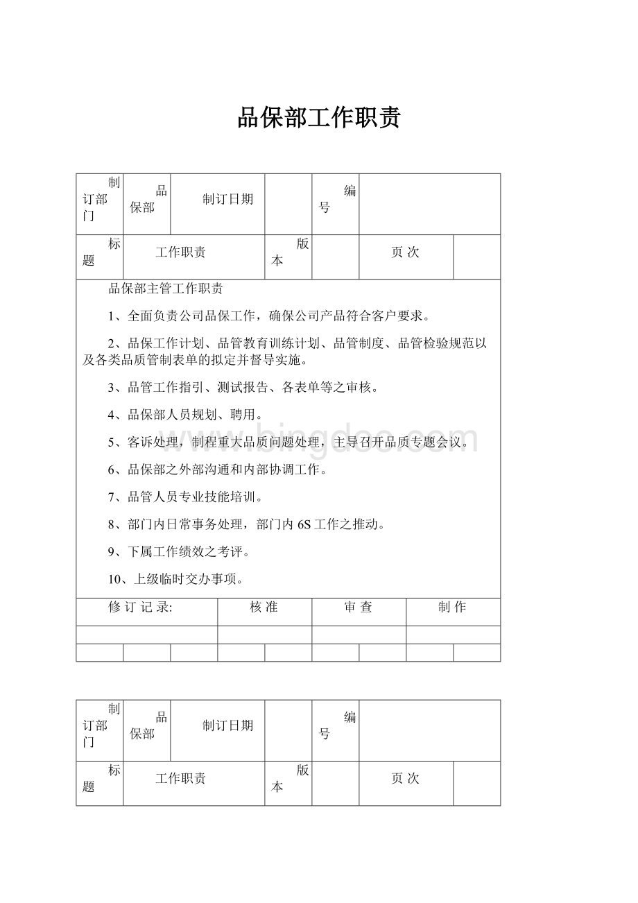 品保部工作职责Word文档下载推荐.docx