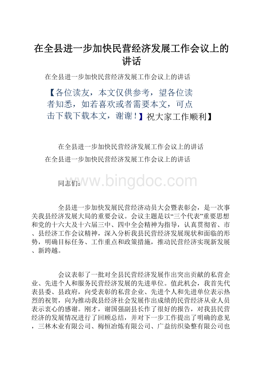 在全县进一步加快民营经济发展工作会议上的讲话文档格式.docx_第1页