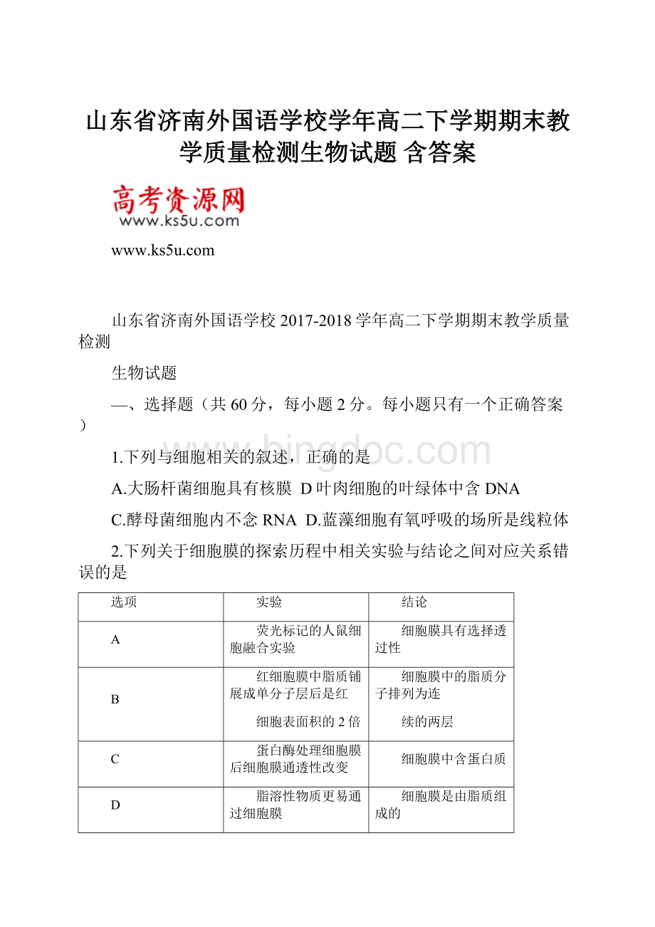 山东省济南外国语学校学年高二下学期期末教学质量检测生物试题 含答案Word下载.docx_第1页