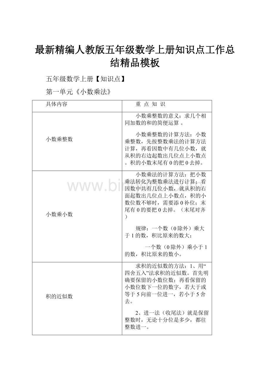 最新精编人教版五年级数学上册知识点工作总结精品模板Word文档格式.docx