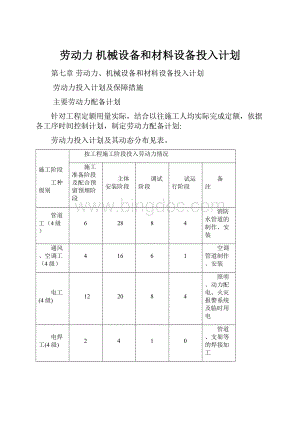 劳动力 机械设备和材料设备投入计划.docx