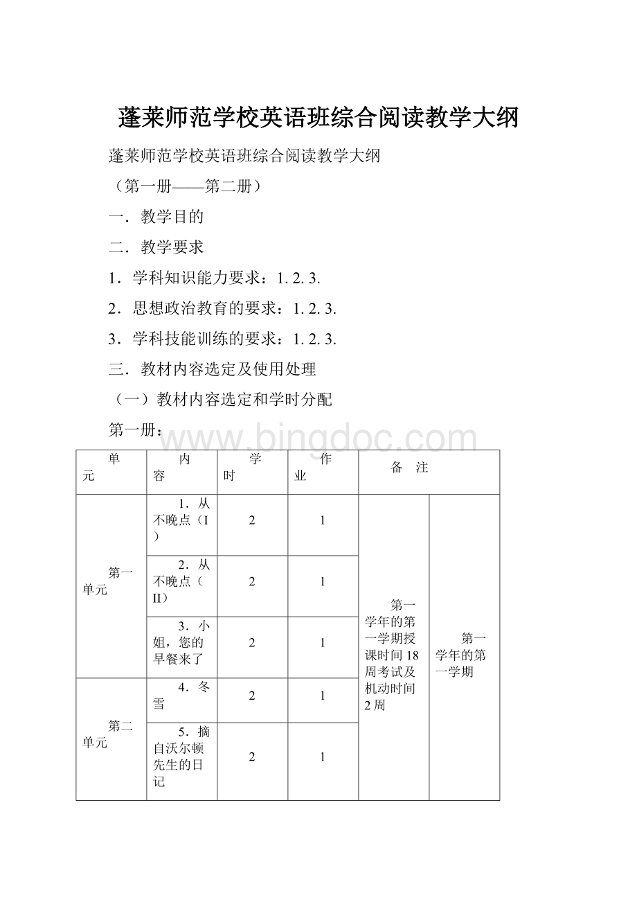 蓬莱师范学校英语班综合阅读教学大纲.docx