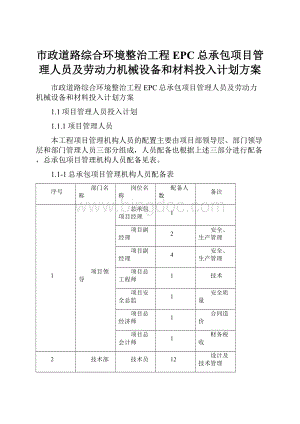 市政道路综合环境整治工程EPC总承包项目管理人员及劳动力机械设备和材料投入计划方案Word格式.docx