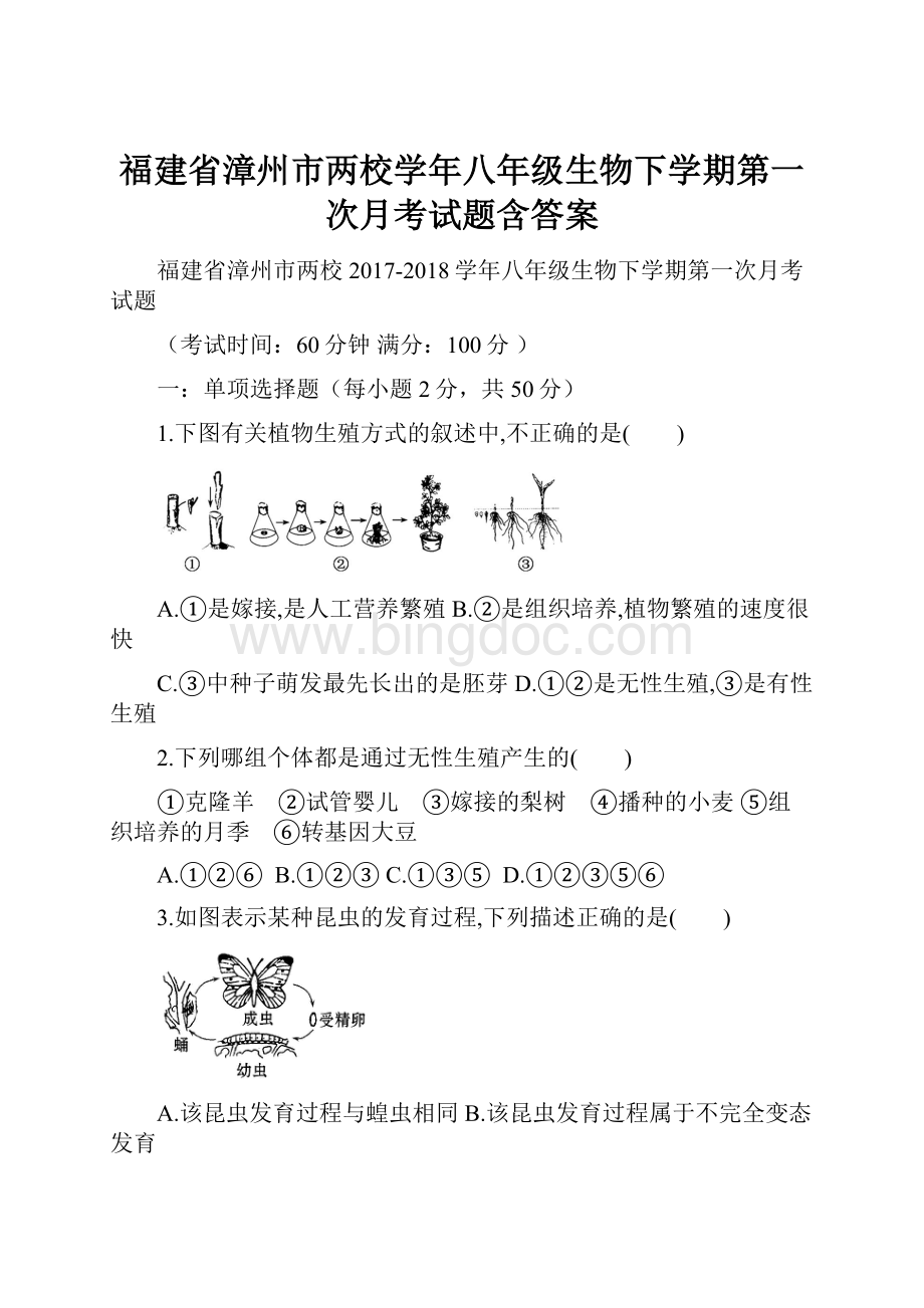 福建省漳州市两校学年八年级生物下学期第一次月考试题含答案Word文档下载推荐.docx