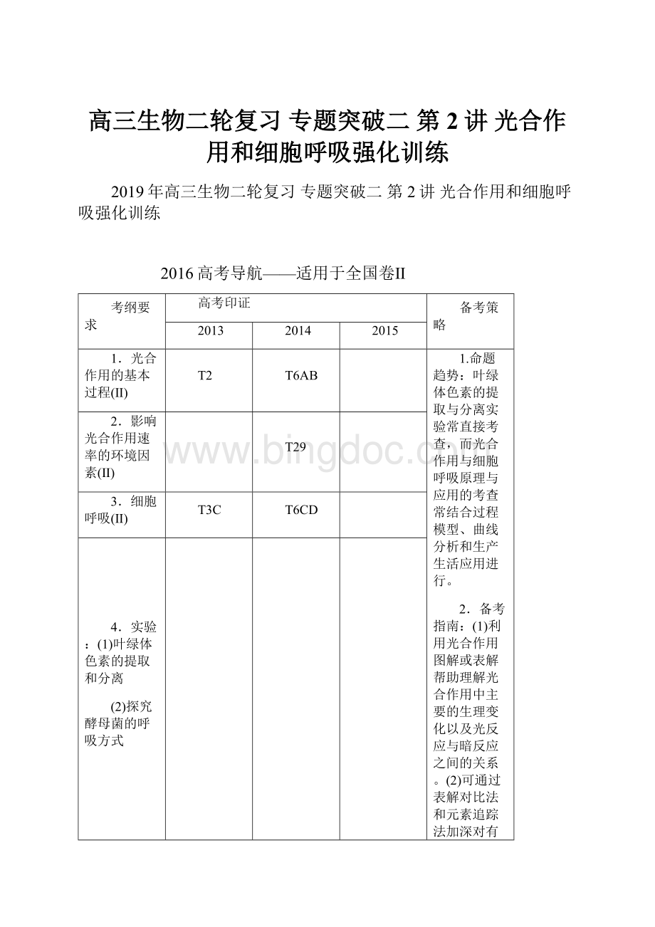 高三生物二轮复习 专题突破二 第2讲 光合作用和细胞呼吸强化训练.docx_第1页