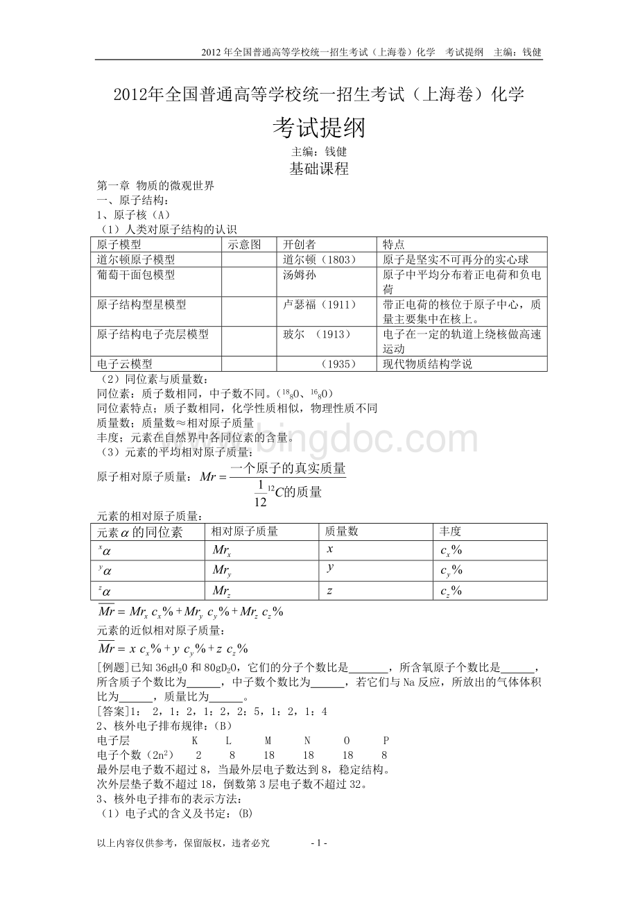 全国普通高等学校统一招生考试上海卷化学考纲知识点分析Word文档格式.doc