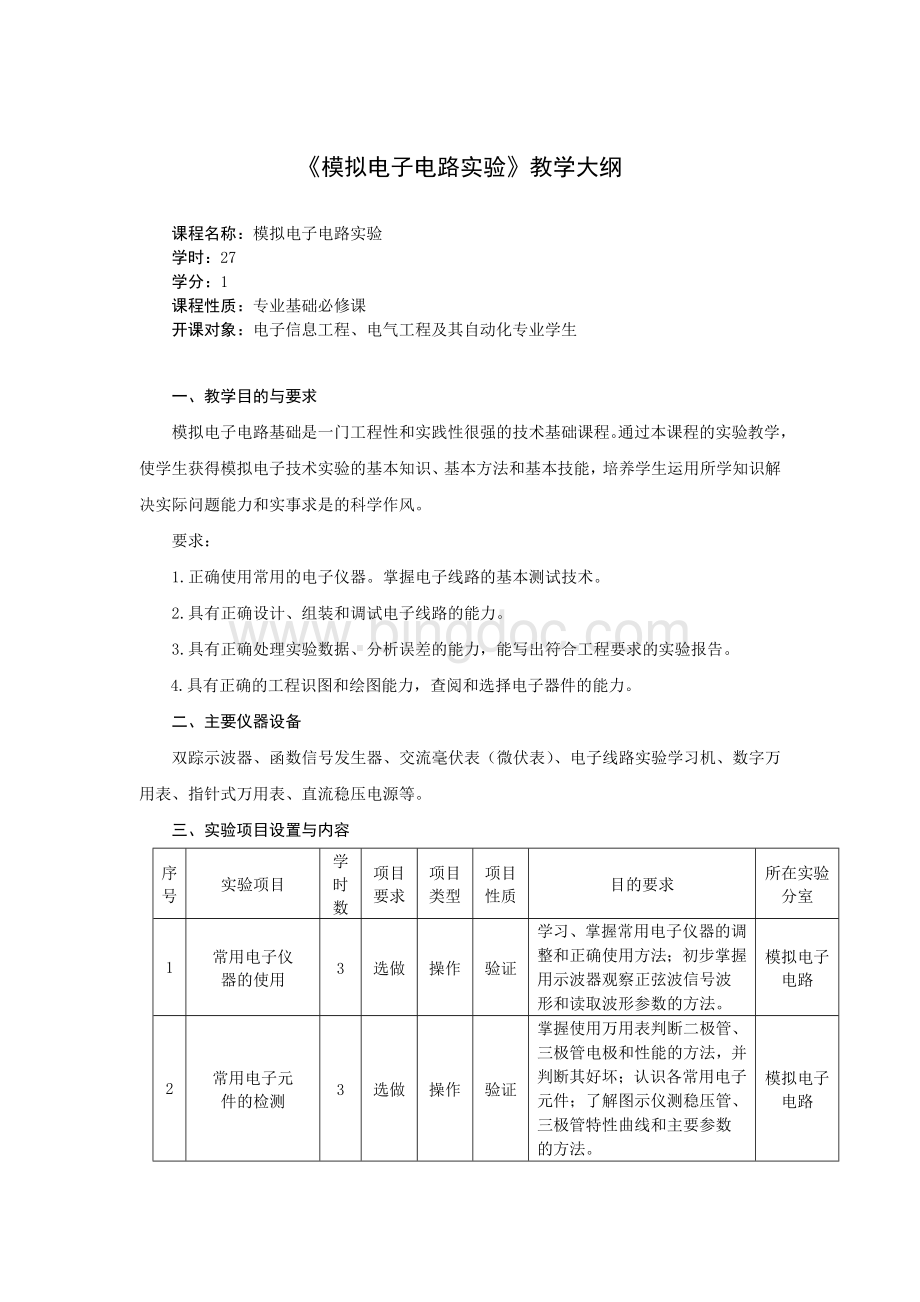 《模拟电子电路实验》教学大纲Word文件下载.doc_第1页