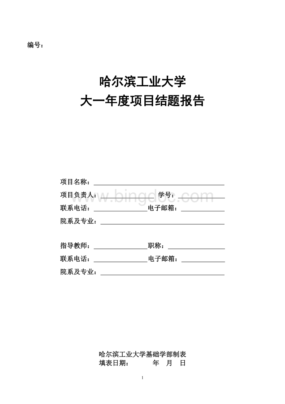 哈尔滨工业大学大一年度项目结题报告模板文档格式.doc_第1页