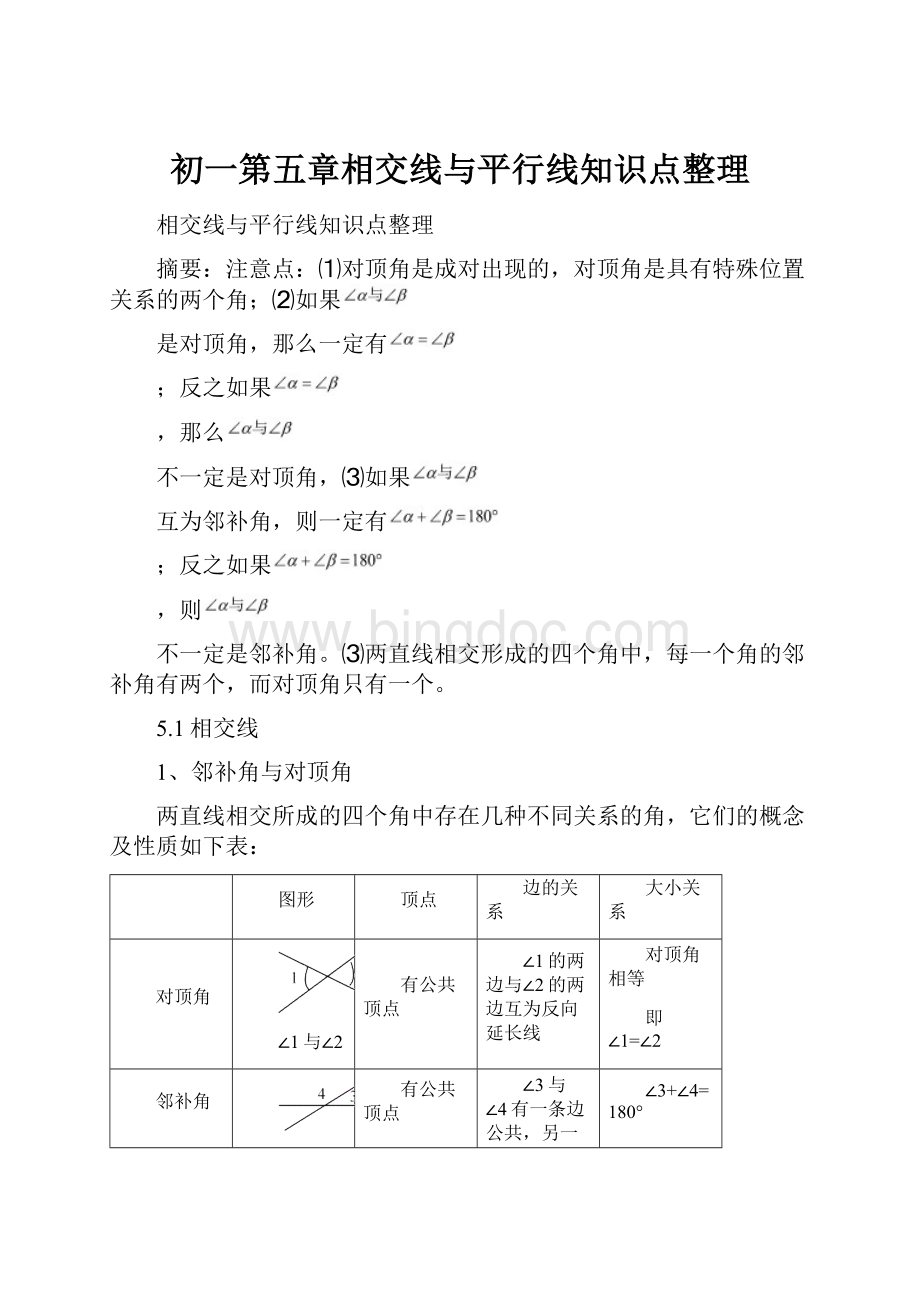 初一第五章相交线与平行线知识点整理.docx