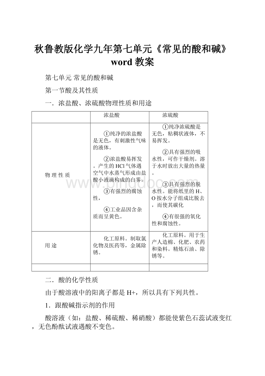 秋鲁教版化学九年第七单元《常见的酸和碱》word教案.docx_第1页