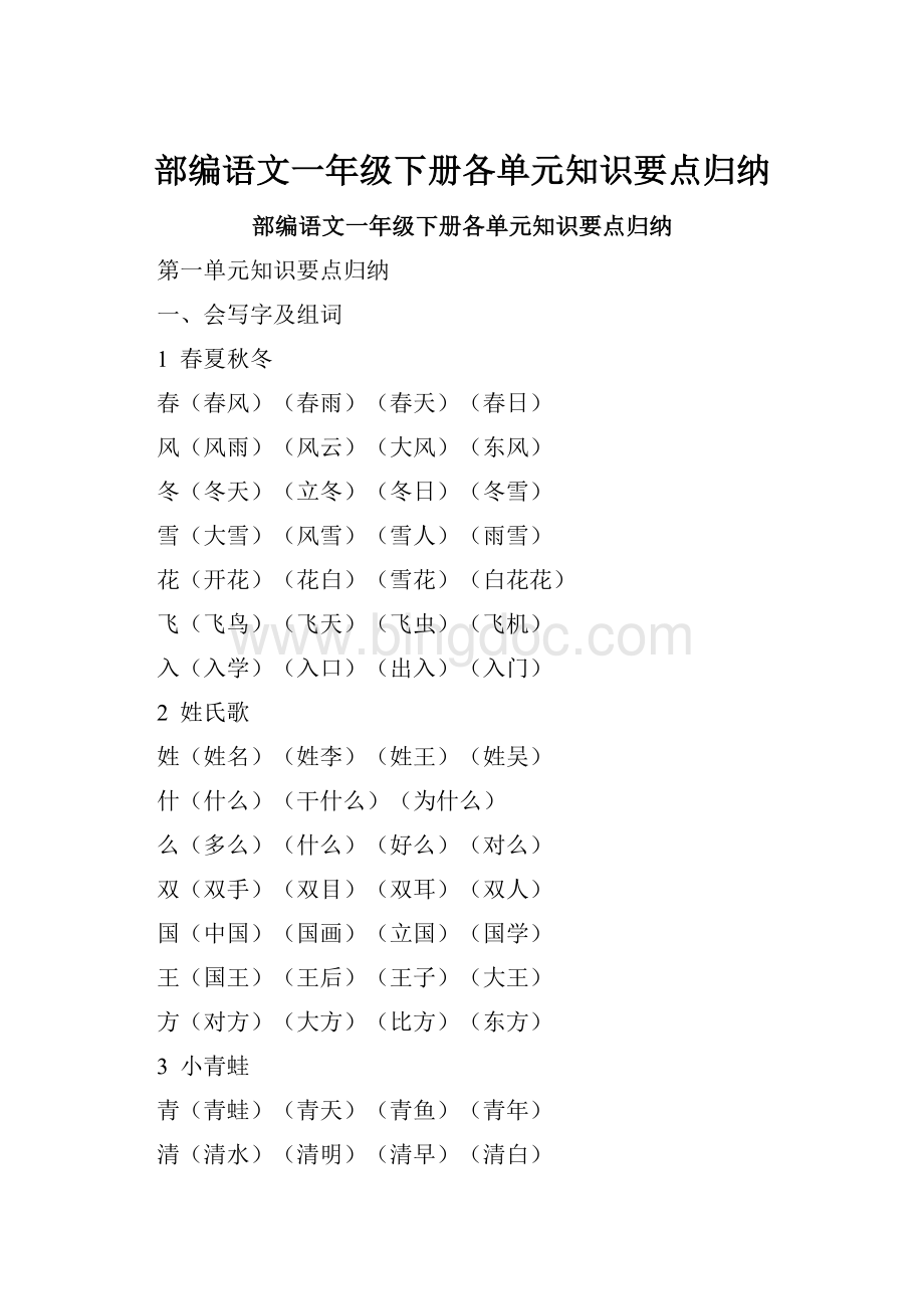 部编语文一年级下册各单元知识要点归纳文档格式.docx