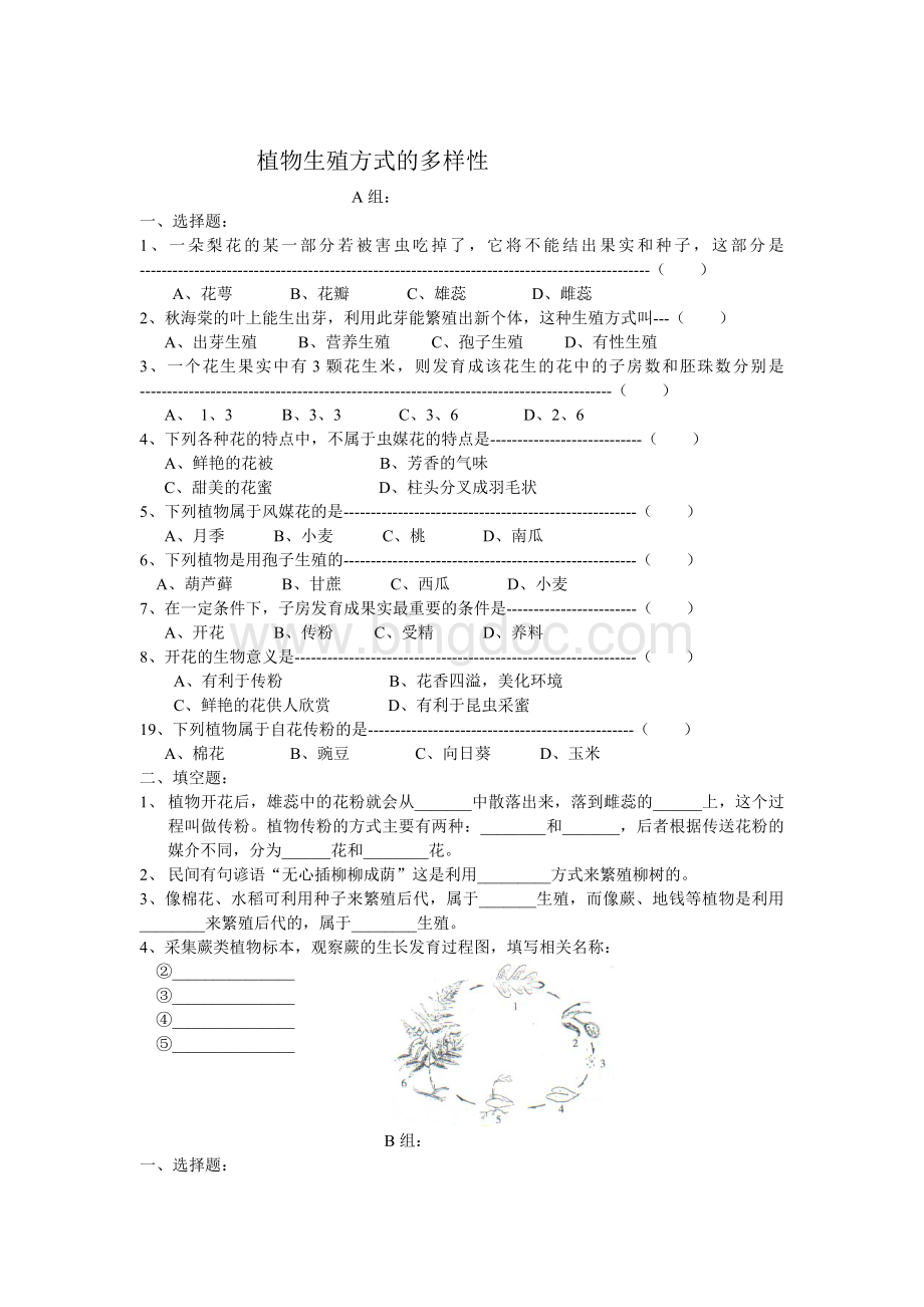 七年级科学下册植物生殖方式的多样性同步练习2Word文档格式.doc_第1页